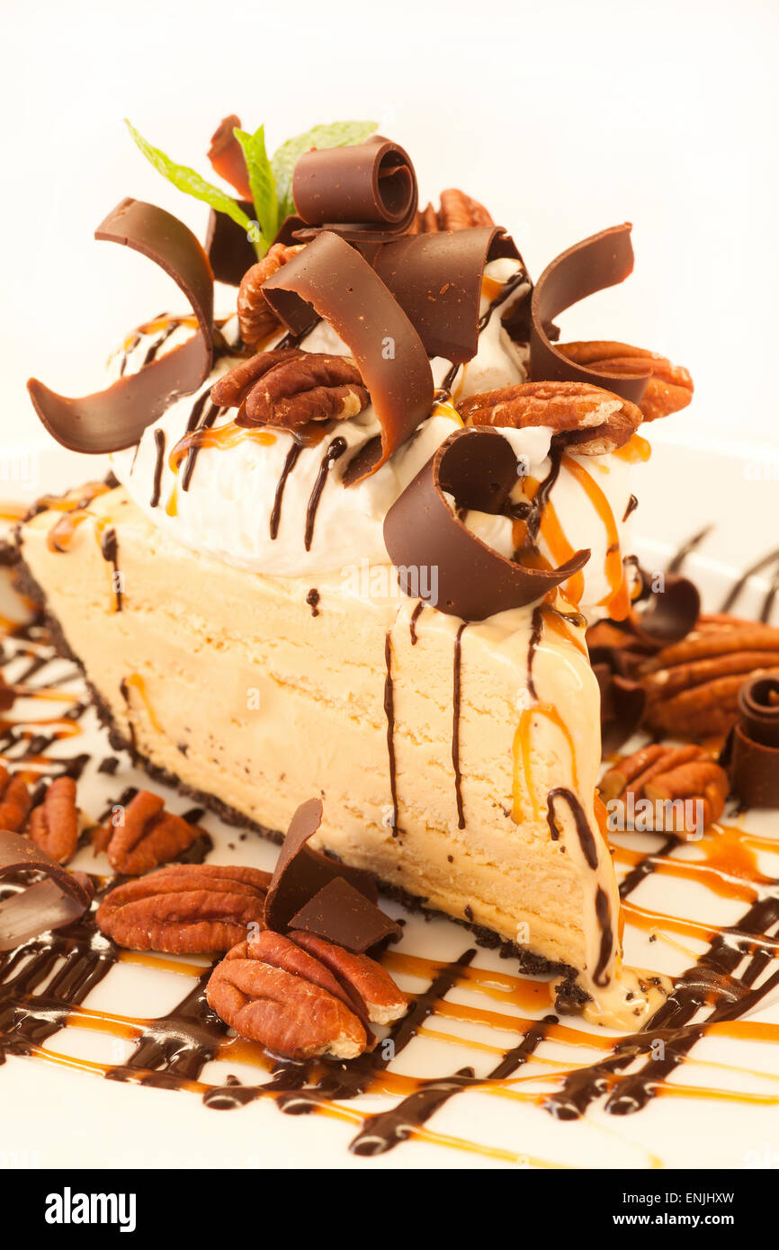 Mud Pie With Kahlua Caramel Sauce Chocolate Shavings And Pecans
