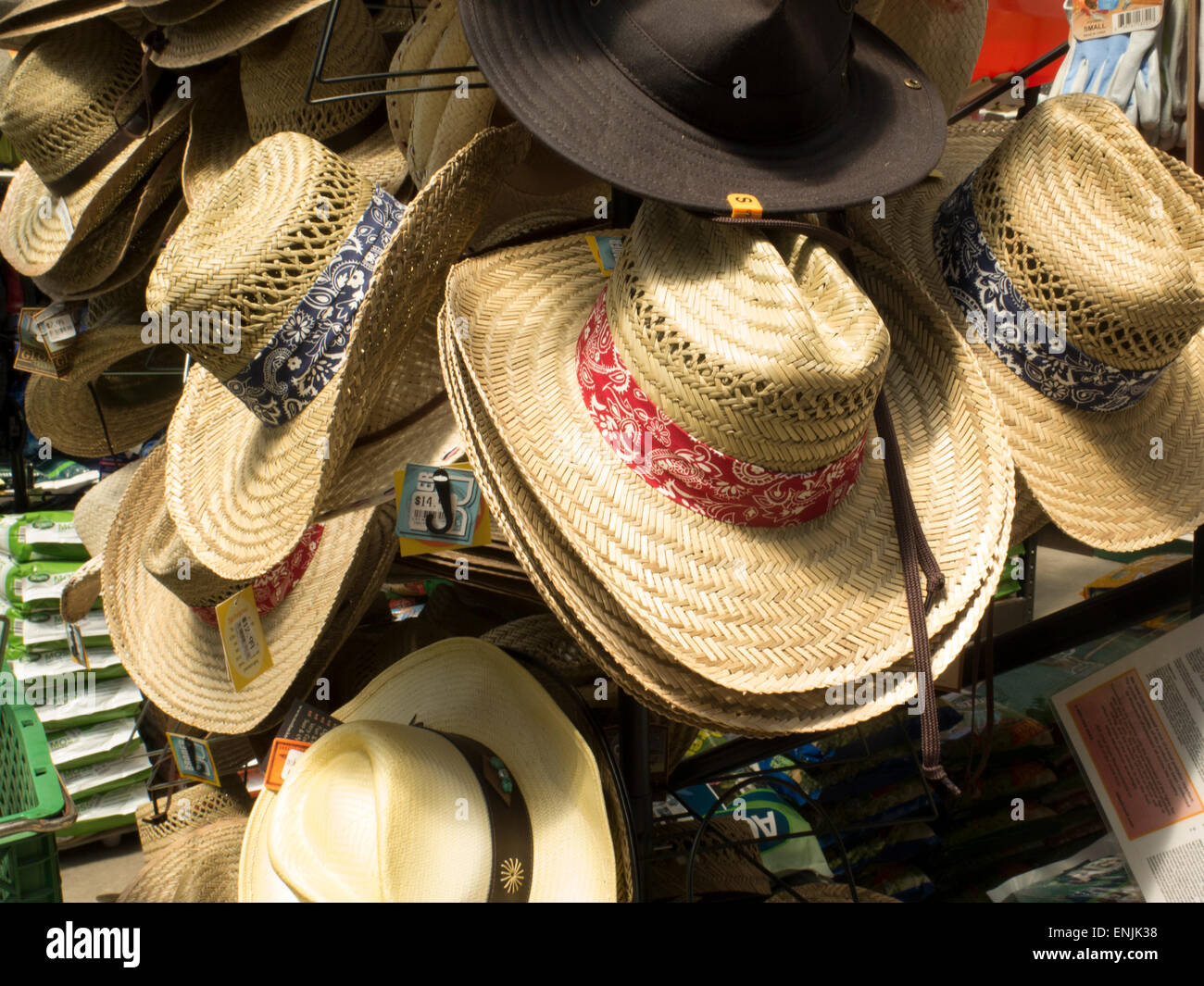 Summer hats on display in a farm supply store in Massachusetts Stock