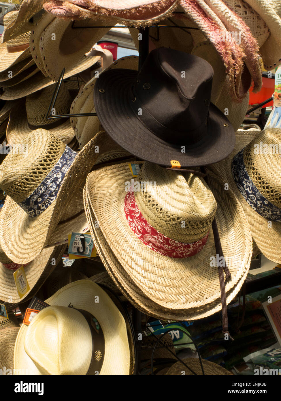 Summer hats on display in a farm supply store in Massachusetts Stock