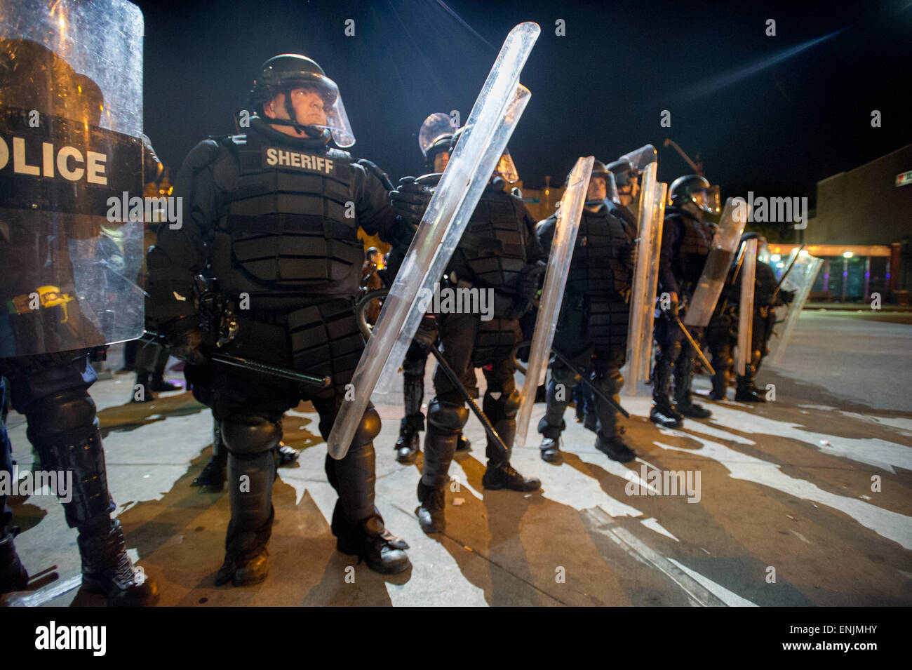 BALTIMORE, MARYLAND - Riot police controlling crowds at Penn and North ...