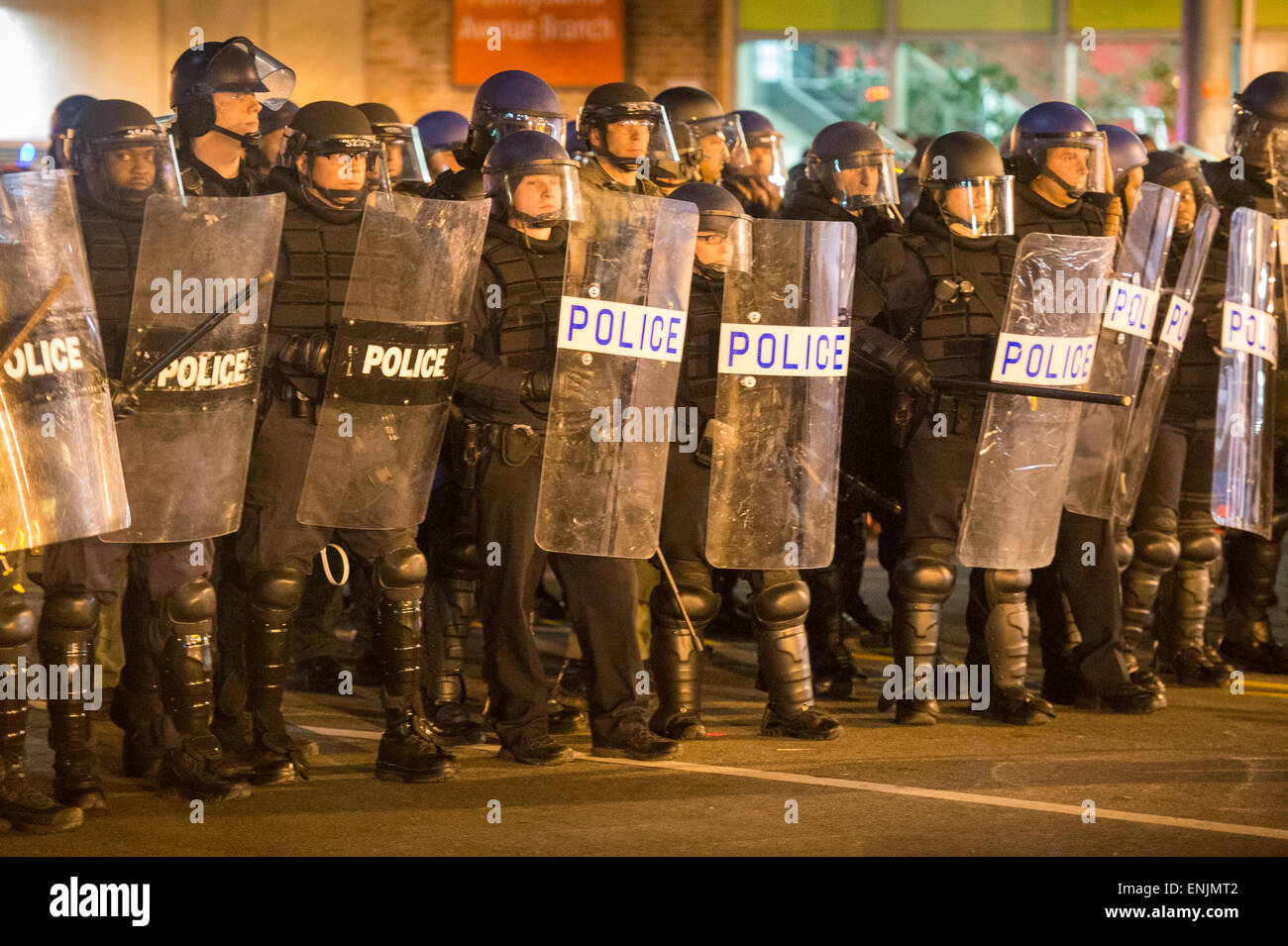BALTIMORE, MARYLAND - Riot police controlling crowds at Penn and North ...