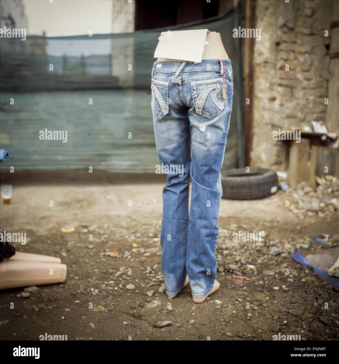 Street market selling blue jeans, Czech Republic Stock Photo