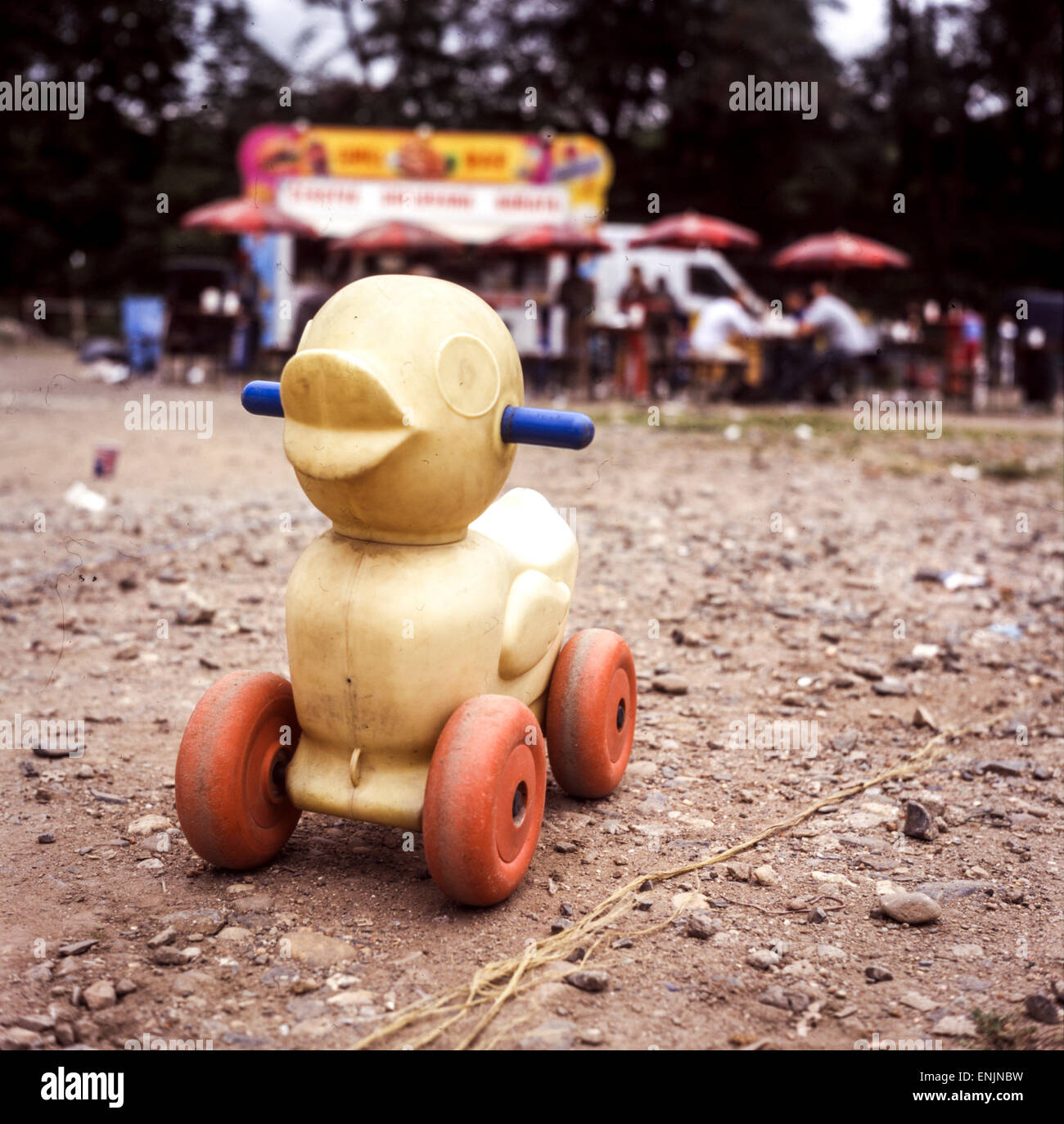 Plastic used toy on wheels, duck, Czech Republic Stock Photo