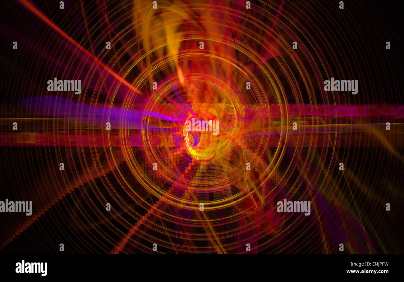 Perturbation of the atomic nucleus and elementary particles in an unstable state in the form of a raging fireball scrolling spiral Stock Photo