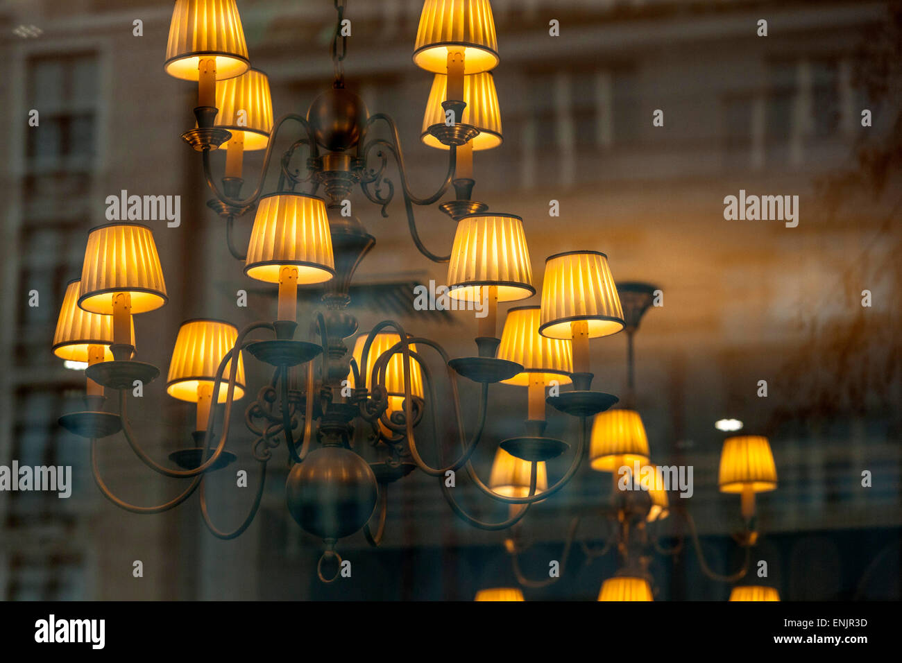 Prague evening intimate lighting fixture with lampshade, Chandelier in a restaurant, Old Town, Prague Czech Republic Stock Photo
