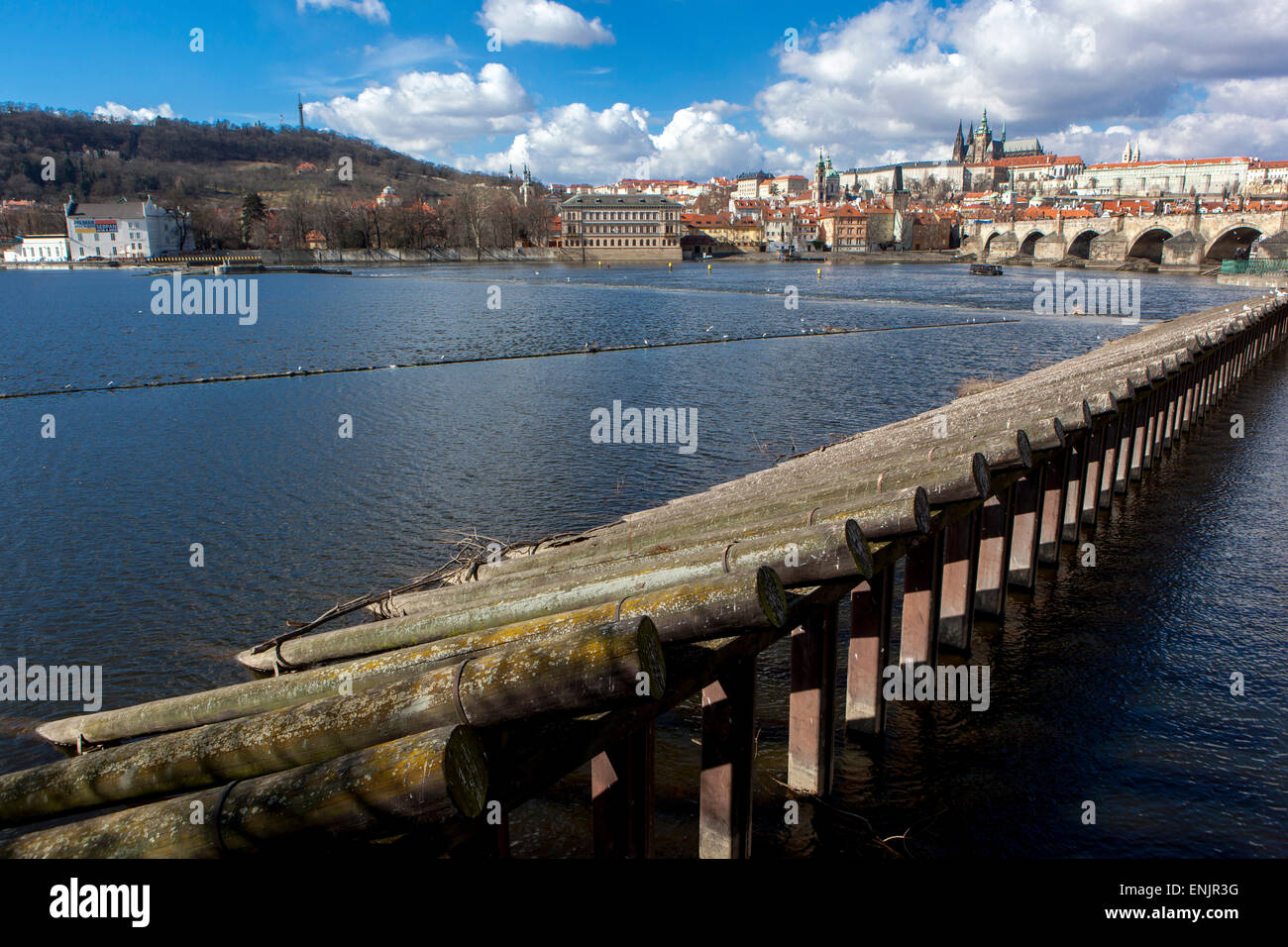 Panorama Prague Vltava River, Charles Bridge and Prague Castle Stock Photo