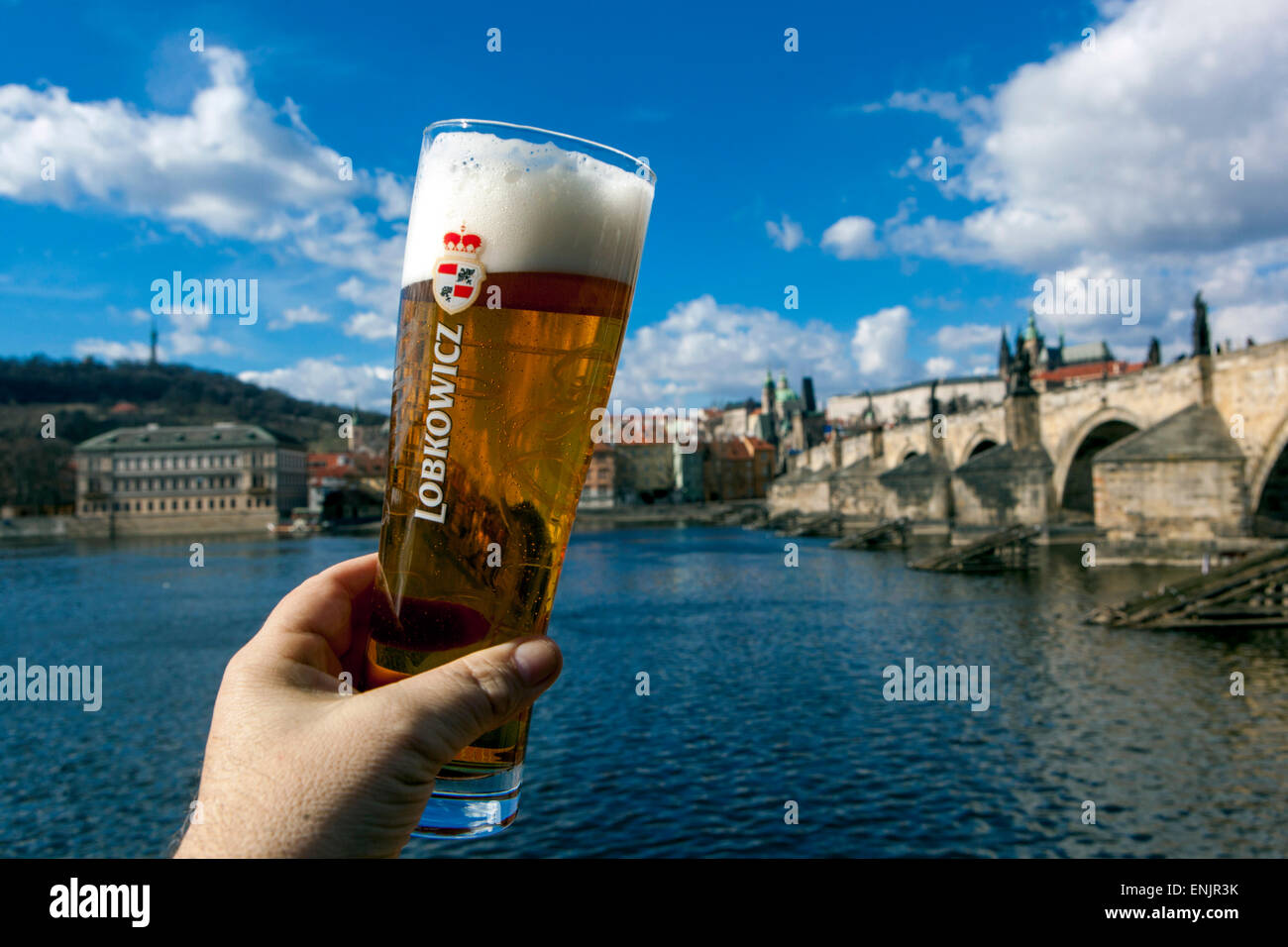 Prague beer glass Lobkowicz, Charles Bridge Prague Czech Republic beer famous landscape Stock Photo