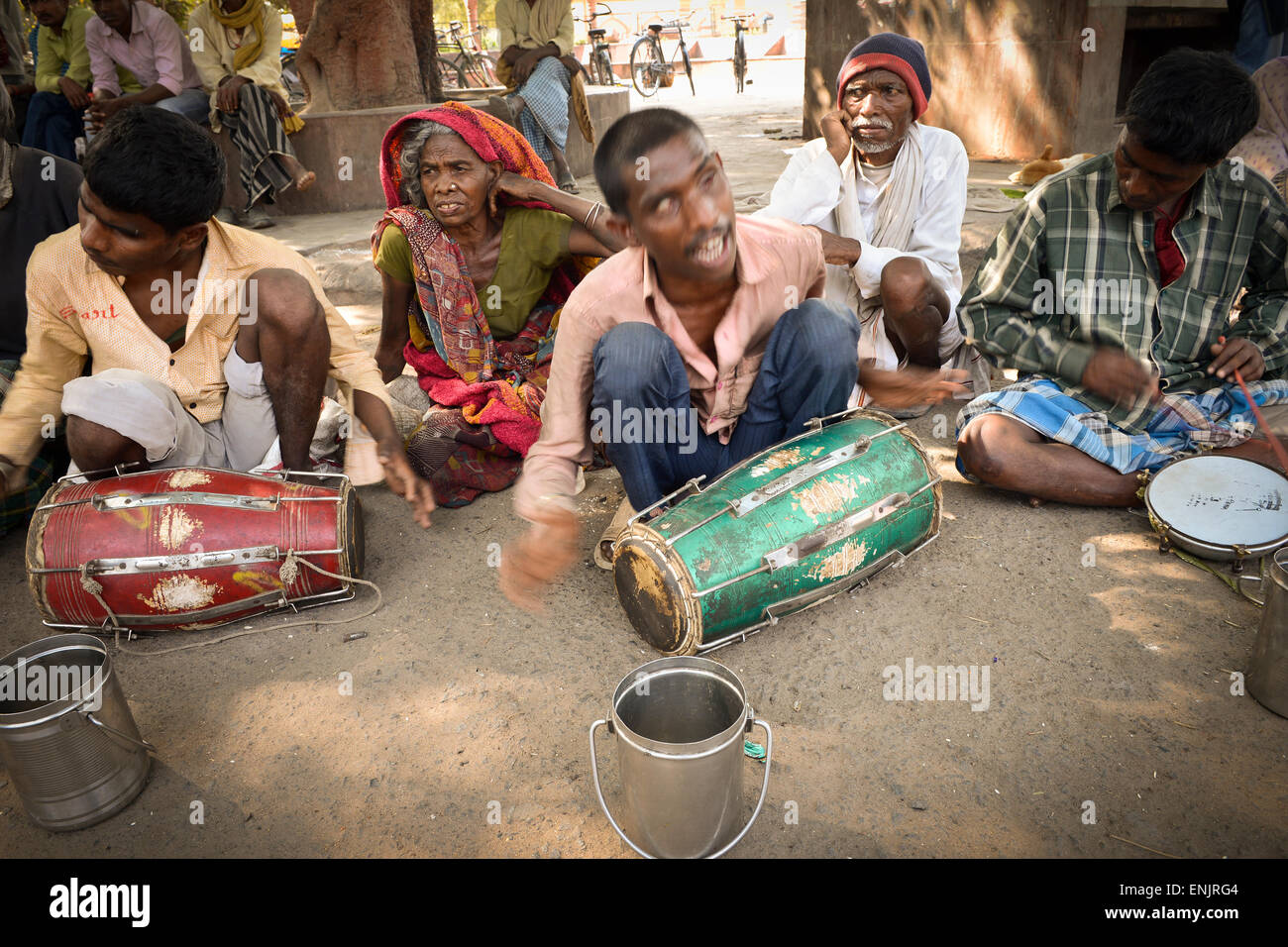 Blind street musicians in Bodhgaya, India Stock Photo