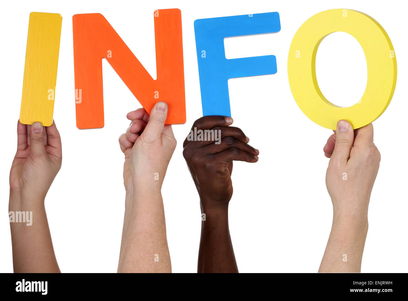 Multi ethnic group of people holding the word info isolated Stock Photo ...