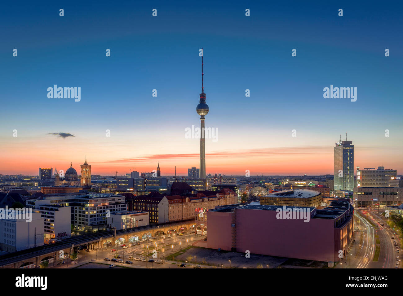 Berlin-Mitte with Alexanderplatz square, the Berlin TV Tower and the Park Inn Hotel, Berlin, Germany Stock Photo