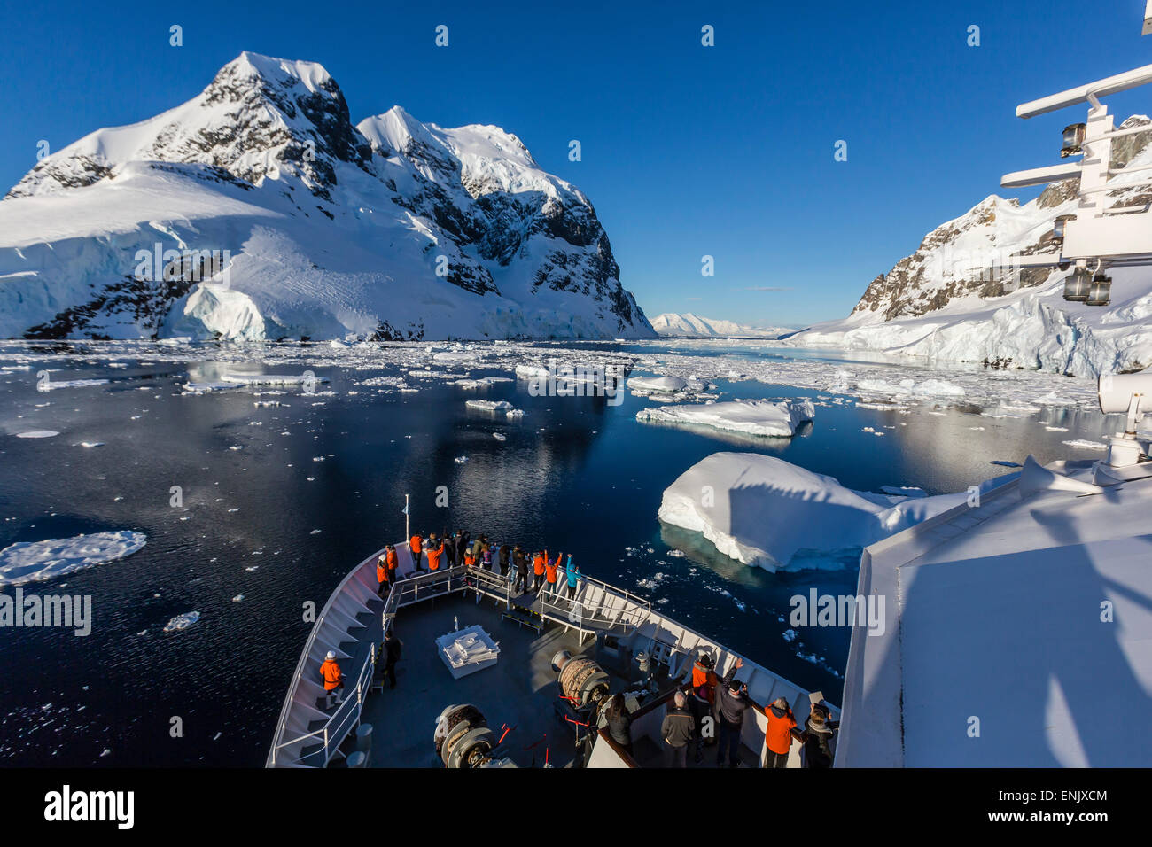 The Lindblad Expeditions ship National Geographic Explorer in the Lemaire Channel, Antarctica, Polar Regions Stock Photo