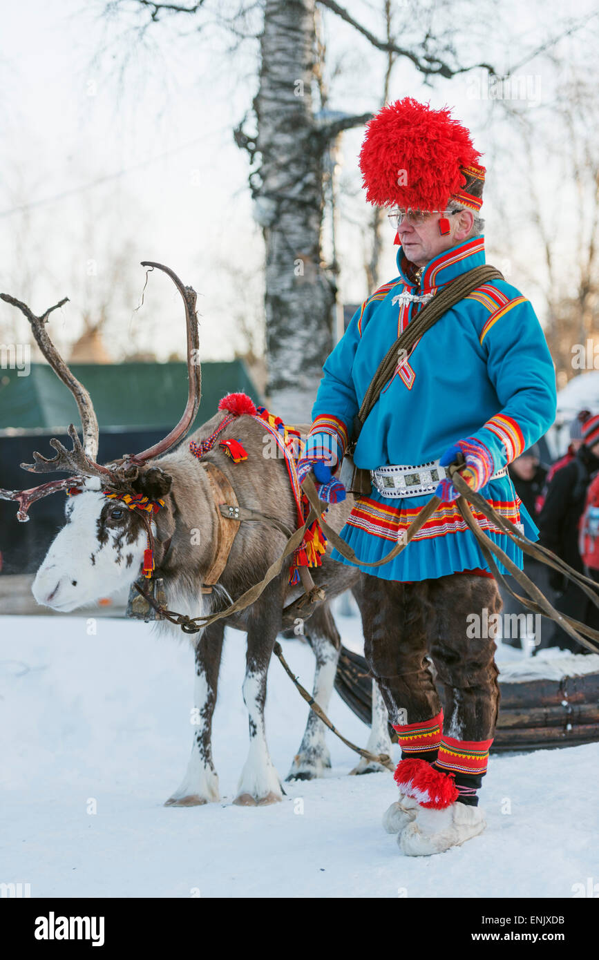 Ethnic Sami people at winter festival, Jokkmokk, Lapland, Arctic Circle, Sweden, Scandinavia, Europe Stock Photo