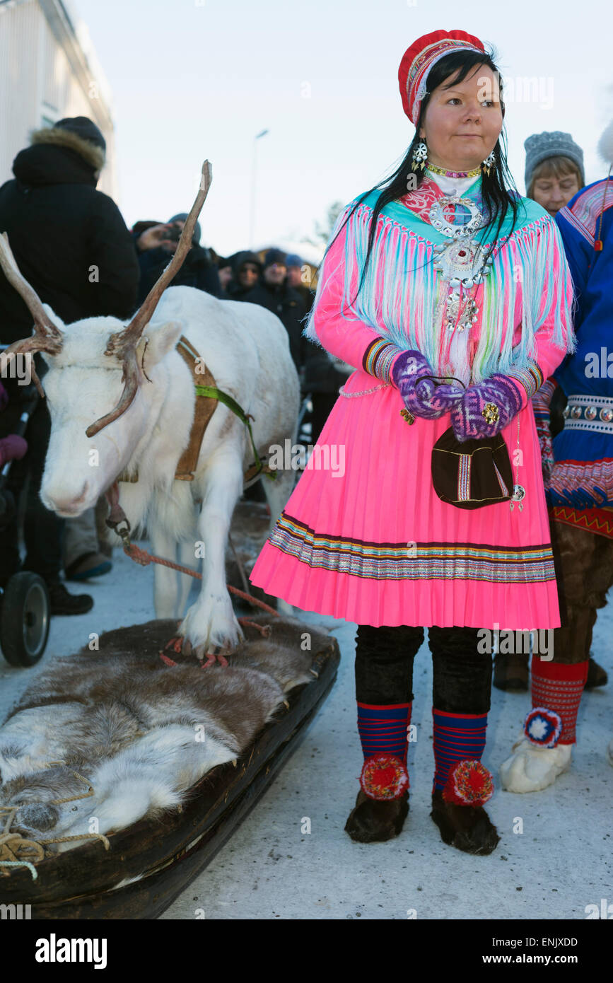 Ethnic Sami people at winter festival, Jokkmokk, Lapland, Arctic Circle, Sweden, Scandinavia, Europe Stock Photo