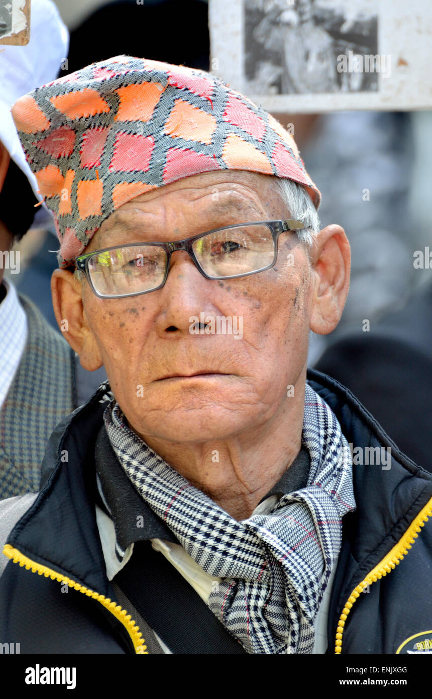 Retired Gurkha soldier wearing traditional Dhaka topi (hat) London Stock Photo