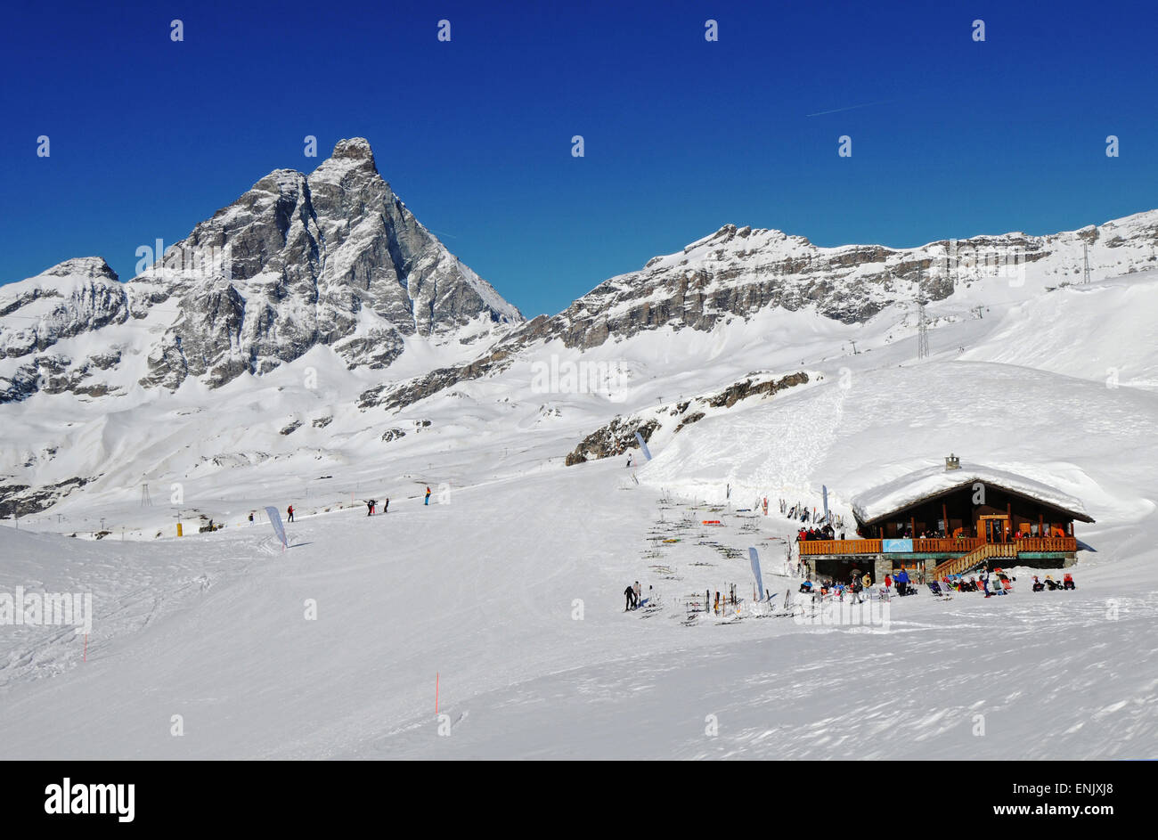 Italy, Aosta Valley, Cervinia, chalet and Matterhorn in background Stock Photo
