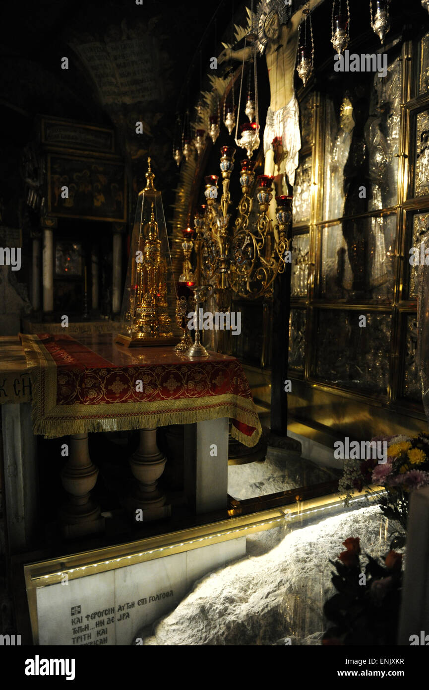 Israel. Jerusalem. Church of the Holy Sepulchre. Golgotha altar. Greek Altar. Greek chapel at Calvary. Stock Photo