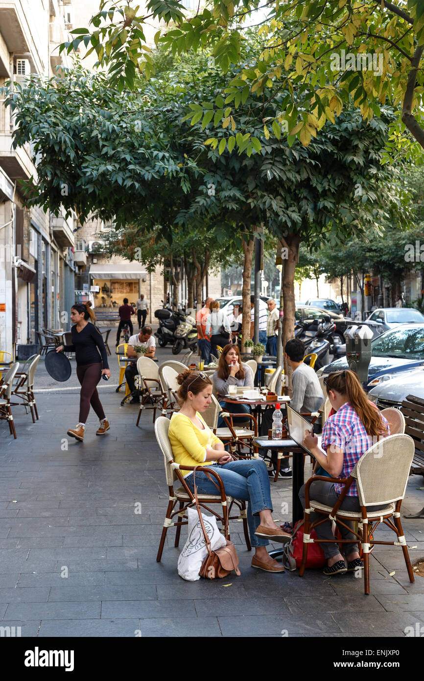 People sitting at a cafe in Hilel Street, Jerusalem, Israel, Middle East Stock Photo