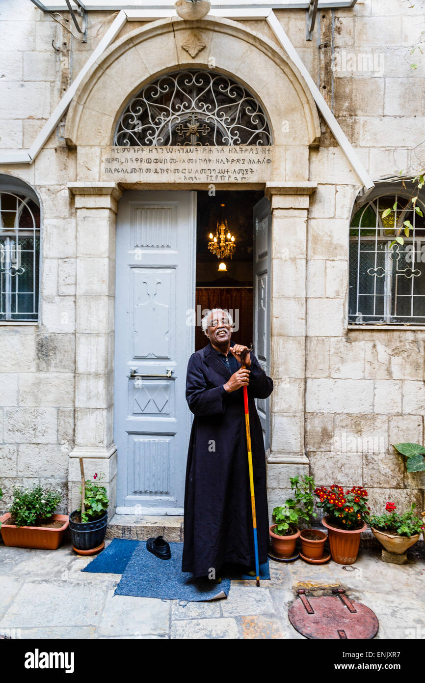 Priest at the Ethiopian Orthodox Church, Jerusalem, Israel, Middle East Stock Photo