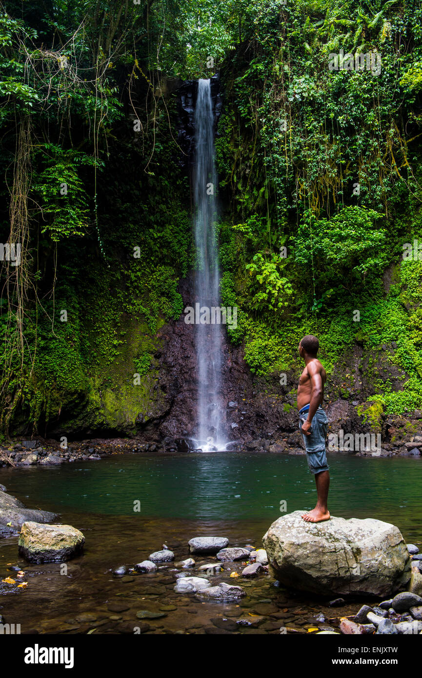 Man looking at the waterfall cascade Bombaim in the jungle interior of Sao Tome, Sao Tome and Principe, Atlantic Ocean, Africa Stock Photo