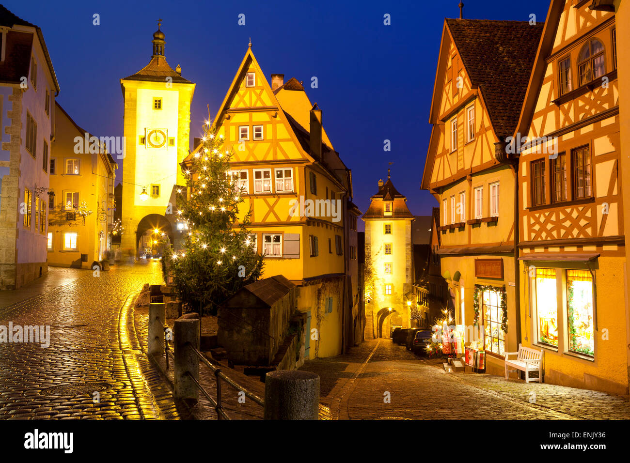 Christmas Tree at the Plonlein, Rothenburg ob der Tauber, Bavaria, Germany, Europe Stock Photo