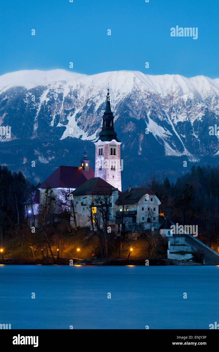 The Assumption of Mary Pilgrimage Church on Lake Bled at Dusk, Bled, Slovenia, Europe Stock Photo