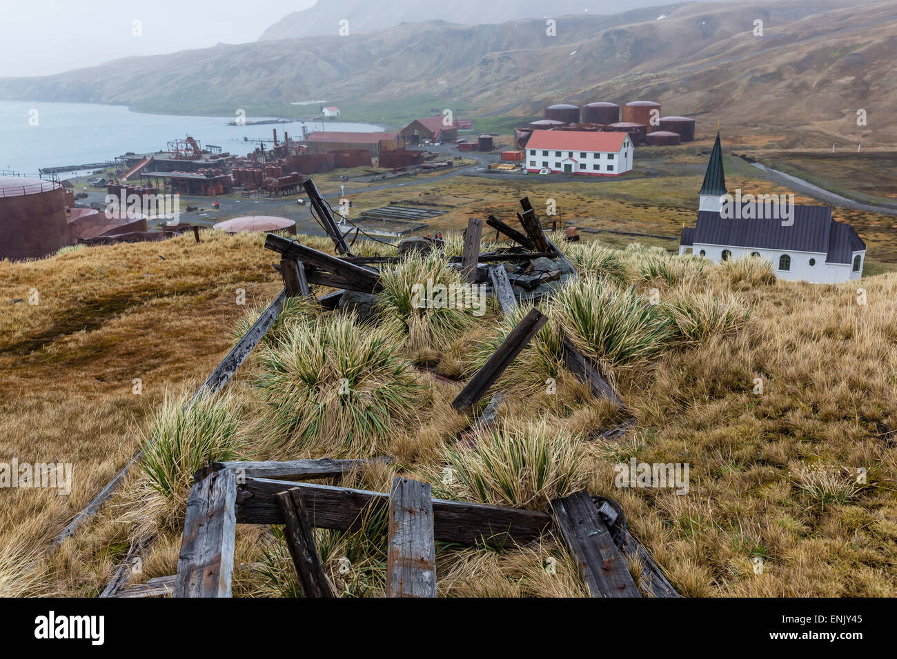 Overview of the abandoned whaling station in Grytviken Harbor, South Georgia, Polar Regions Stock Photo