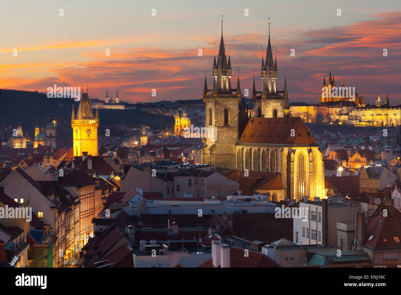 Overview of the Historic Centre at sunset, Prague, Czech Republic, Europe Stock Photo
