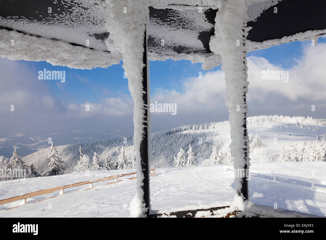 Hut at the peak of Kandel Mountain in winter, Black Forest, Baden-Wurttemberg, Germany, Europe Stock Photo