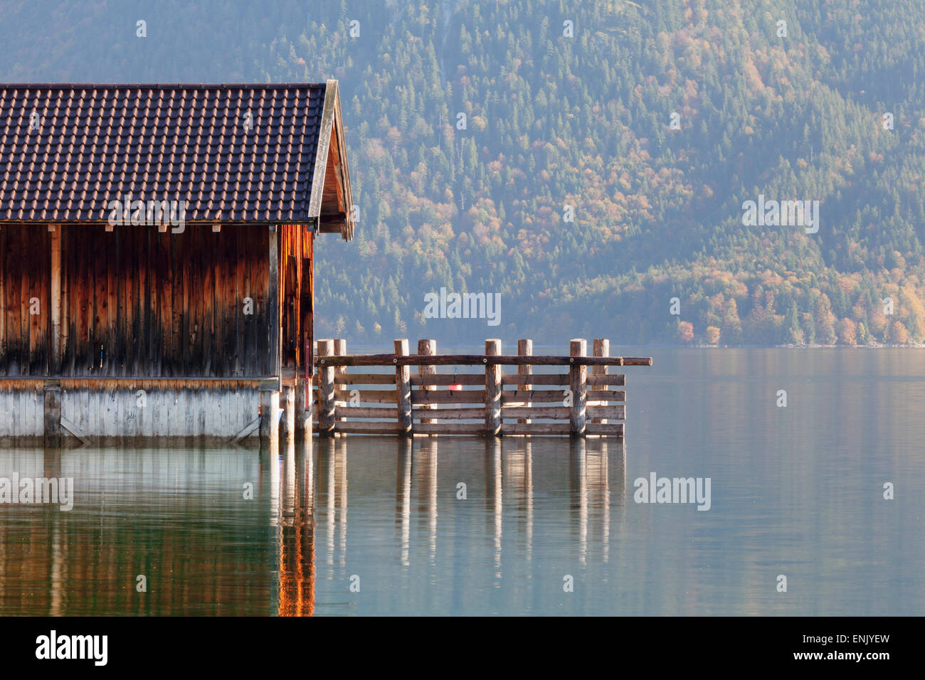 Boat house at Walchensee Lake in autumn, Bavarian Alps, Upper Bavaria, Bavaria, Germany, Europe Stock Photo