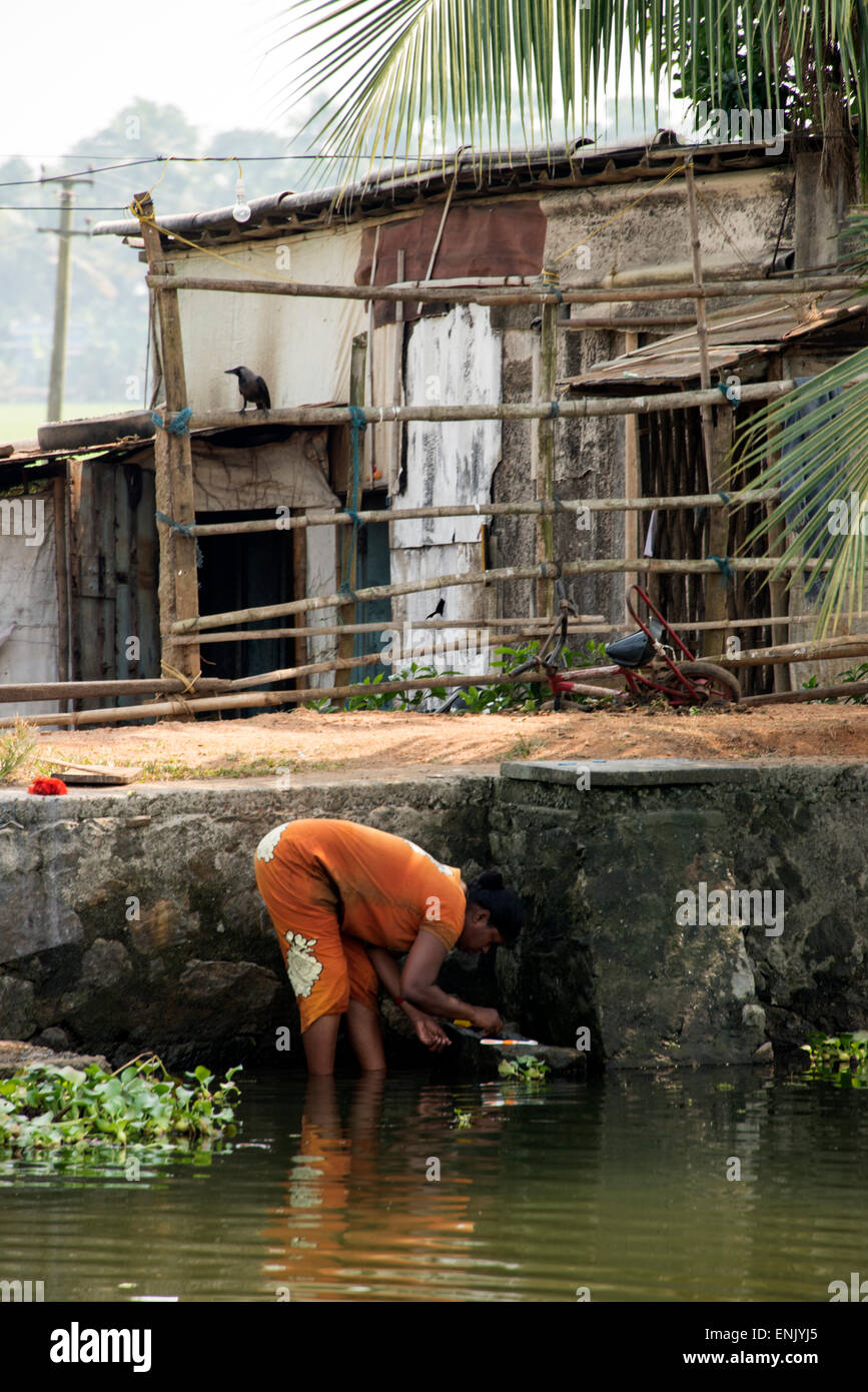 A villager washing her laundry in the backwaters of Kerala in ...