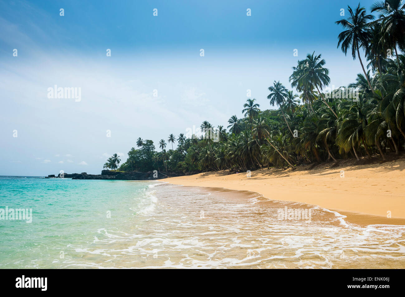Remote tropical beach on the UNESCO Biosphere Reserve, Principe, Sao Tome and Principe, Atlantic Ocean, Africa Stock Photo