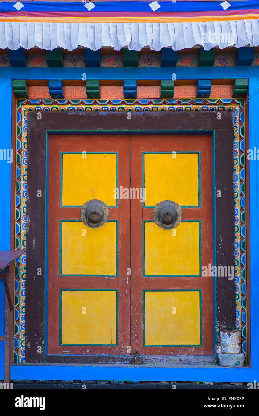 Door at the Buddhist monastery in Tengboche in the Khumbu region of Nepal, Asia Stock Photo