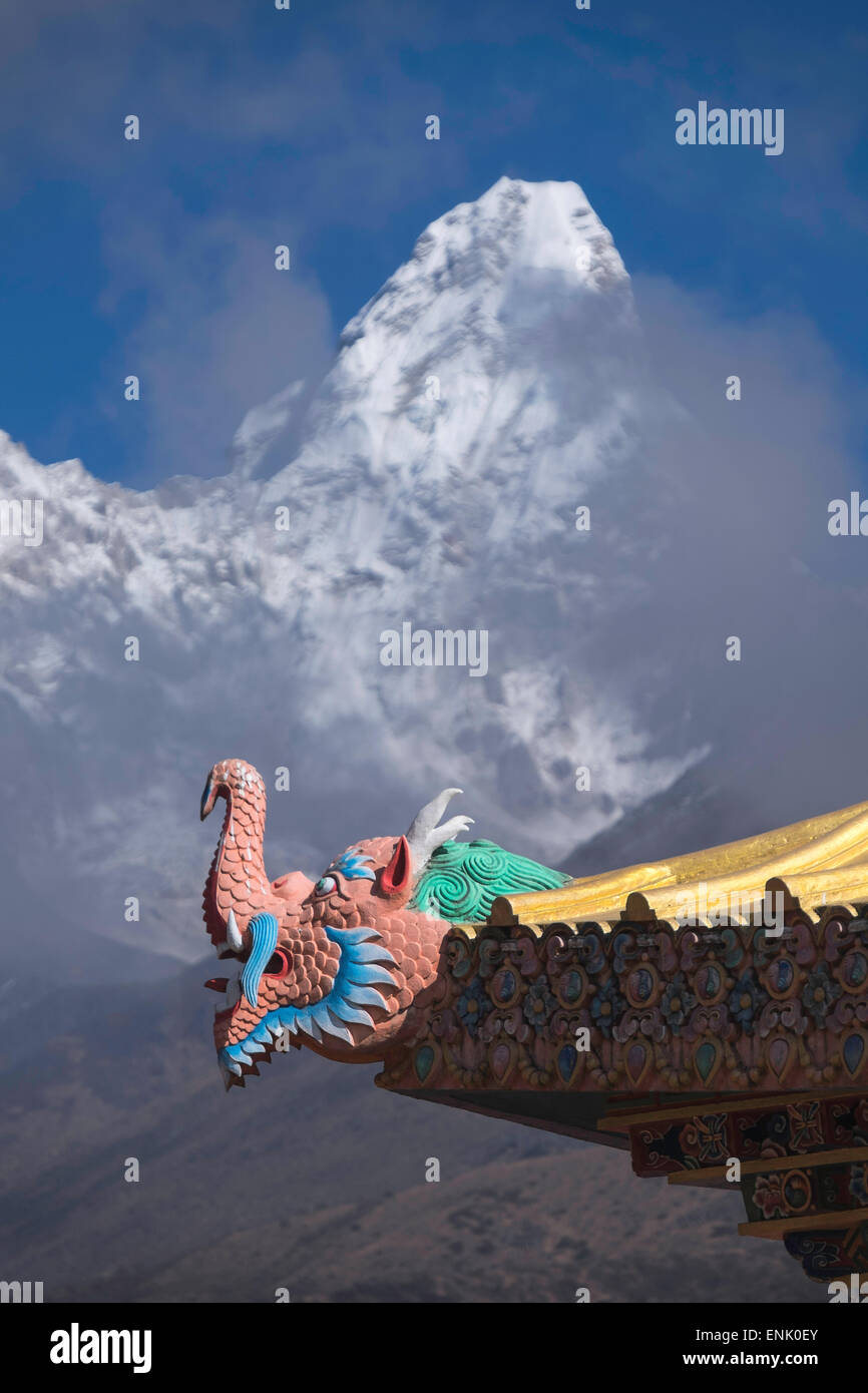 Buddhist monastery in Tengboche in the Khumbu region of Nepal with Ama Dablam mountain in the background, Himalayas, Nepal, Asia Stock Photo