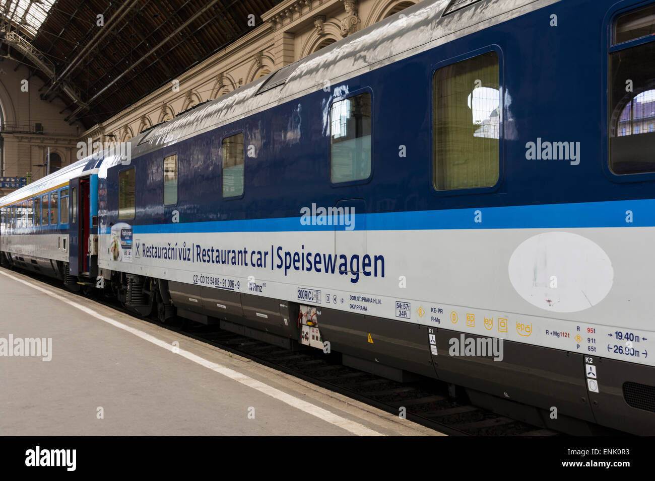 Side view of a restaurant carriage forming part of a train at Budapest