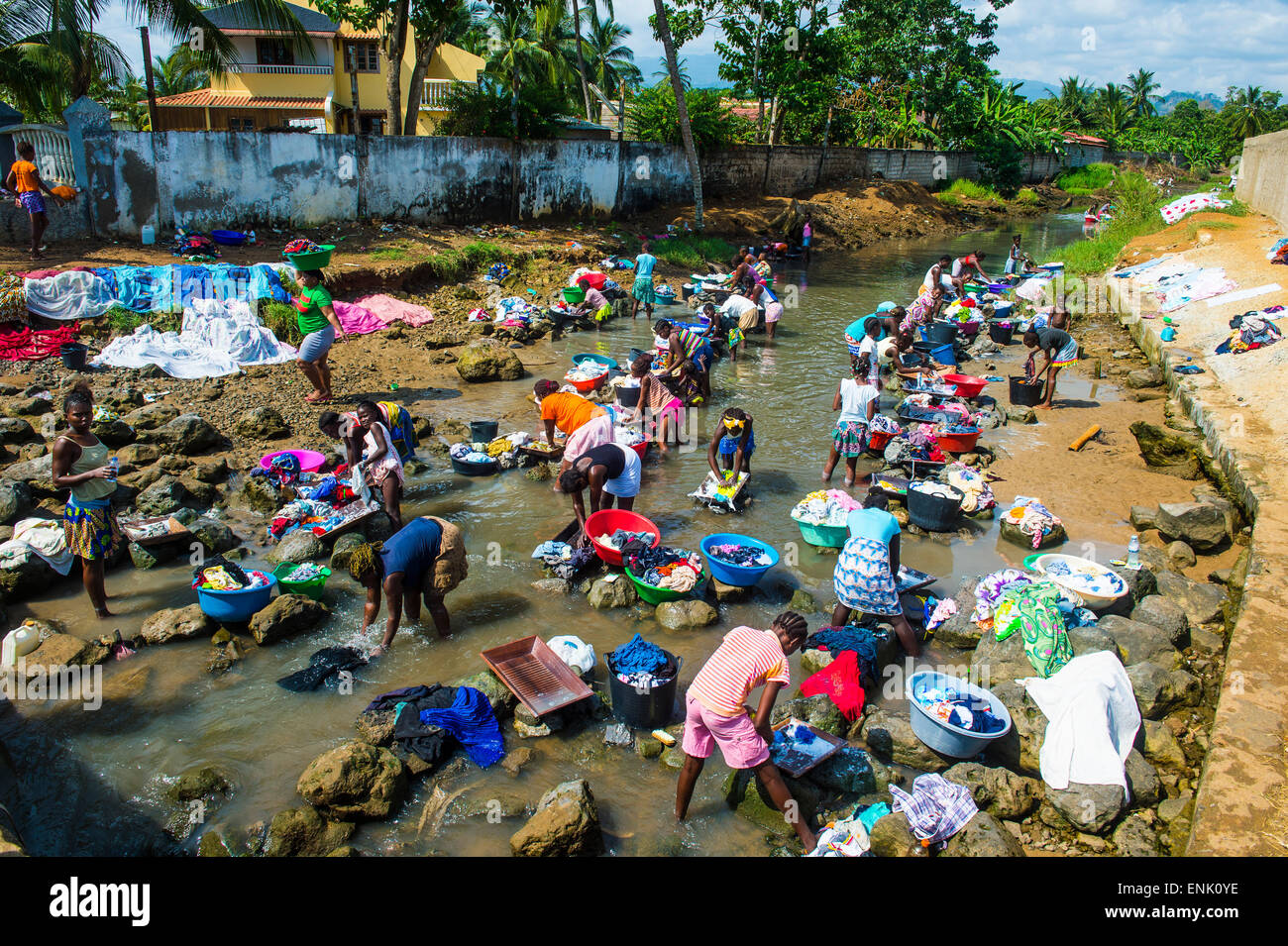 Women washing clothes in a river bed, City of Sao Tome, Sao Tome and Principe, Atlantic Ocean, Africa Stock Photo