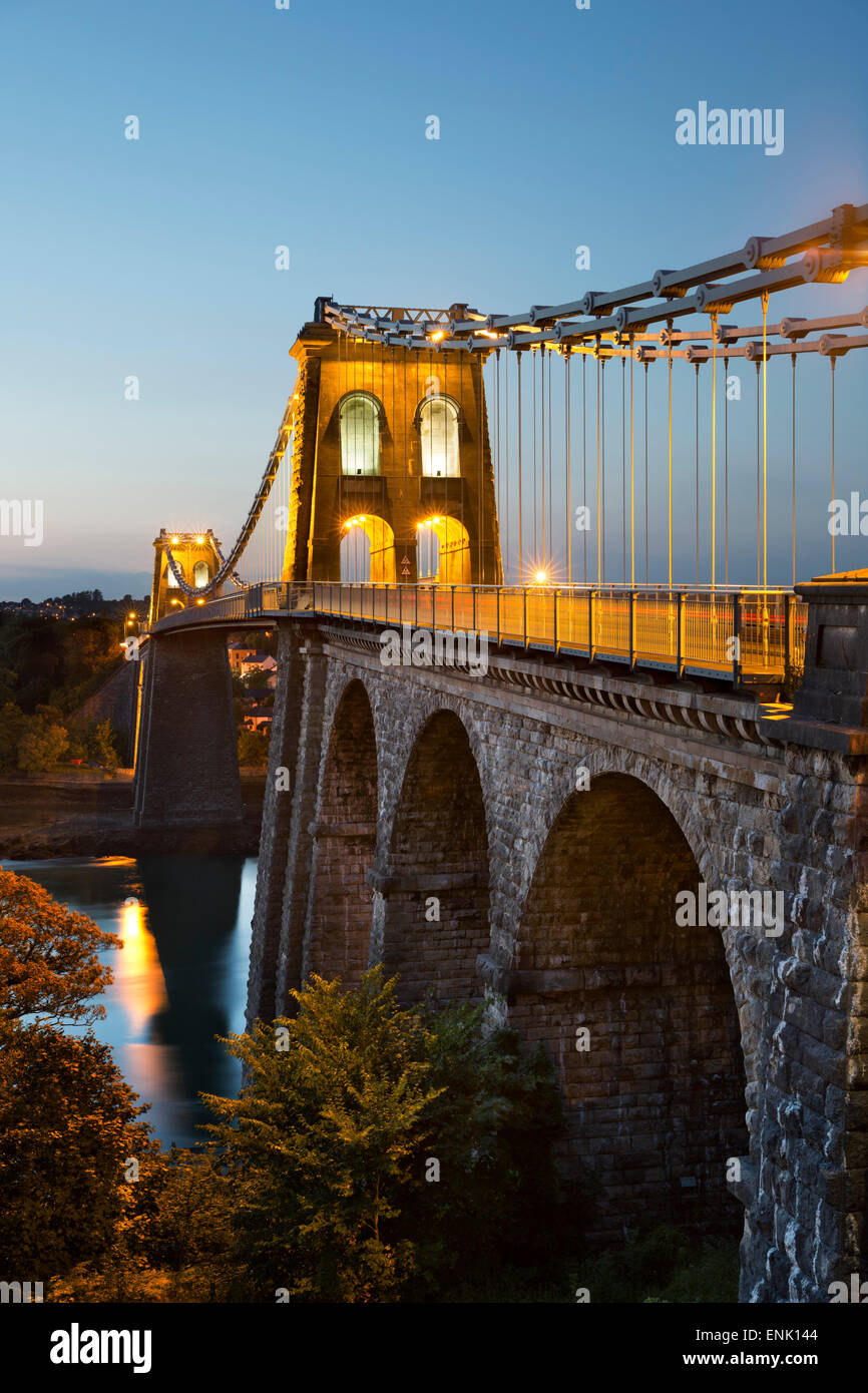 Menai Suspension Bridge at night, built in 1826 by Thomas Telford, Bangor, Gwynedd, Wales, United Kingdom, Europe Stock Photo