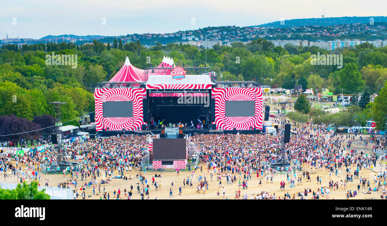 Visitors of Sziget music festival in front of the main stage. Stock Photo