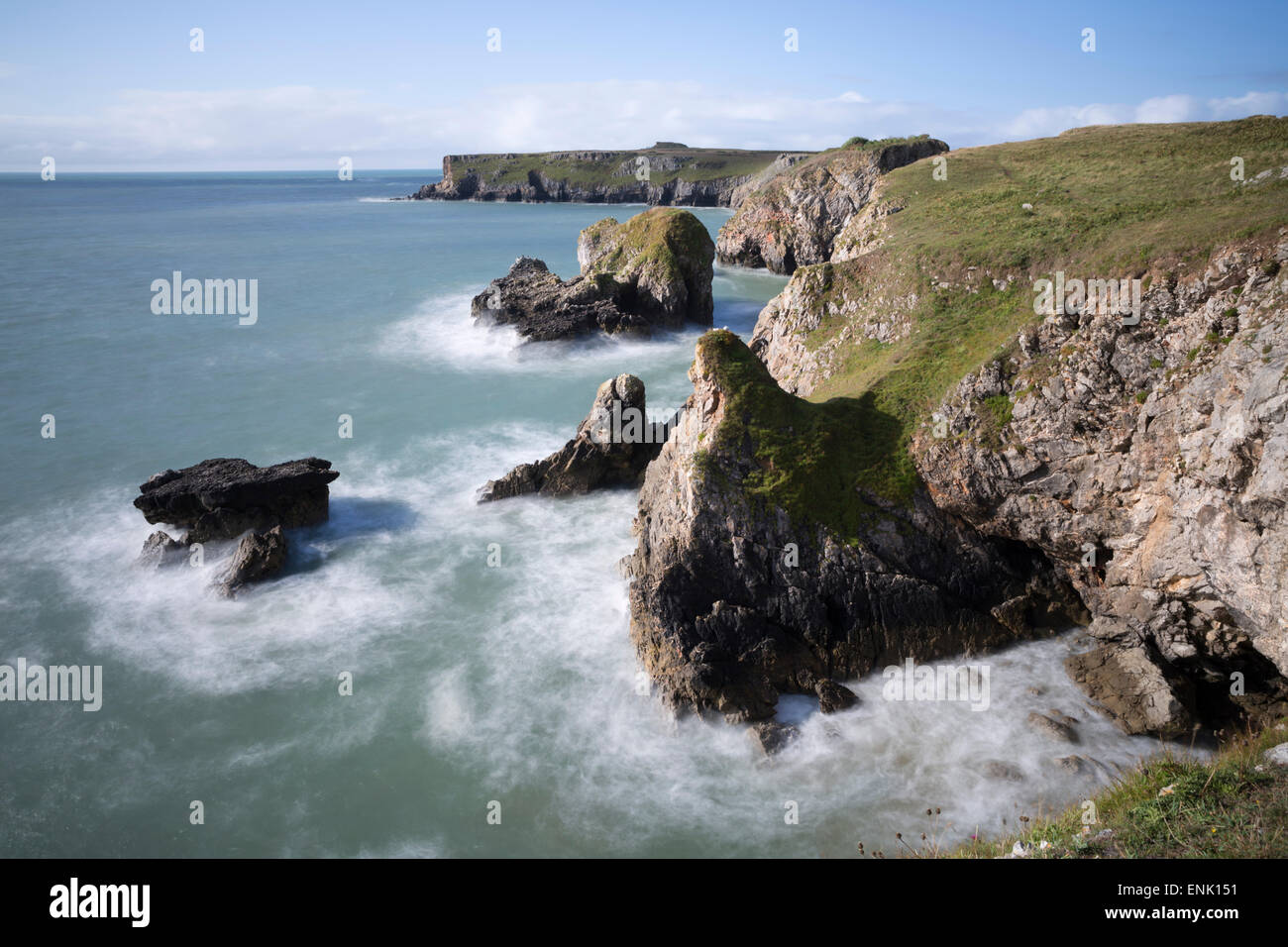 Coastline looking west to St. Govan's Head, Pembrokeshire Coast National Park, Pembrokeshire, Wales, United Kingdom, Europe Stock Photo