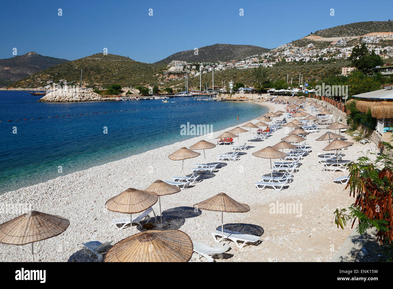 View over beach, Kalkan, Lycia, Antalya Province, Mediterranean Coast, Southwest Turkey, Anatolia, Turkey, Asia Minor, Eurasia Stock Photo