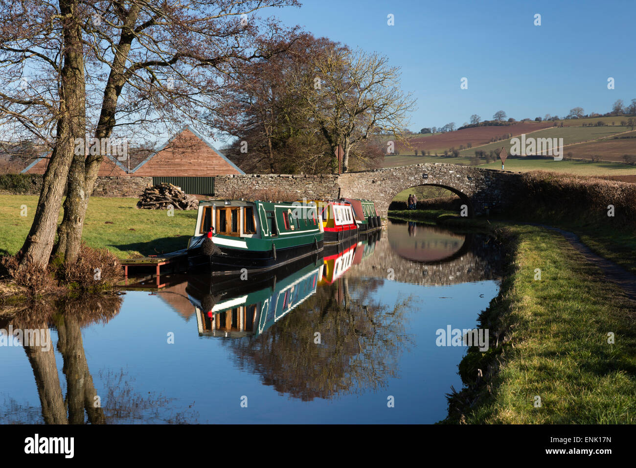 Barges on the Monmouthshire and Brecon Canal, Pencelli, Brecon Beacons National Park, Powys, Wales, United Kingdom, Europe Stock Photo