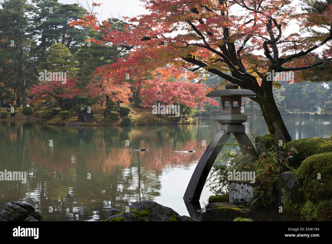Kenrokuen Garden with Kotojitoro lantern in autumn, Kanazawa, Ishikawa Prefecture, Central Honshu, Japan, Asia Stock Photo