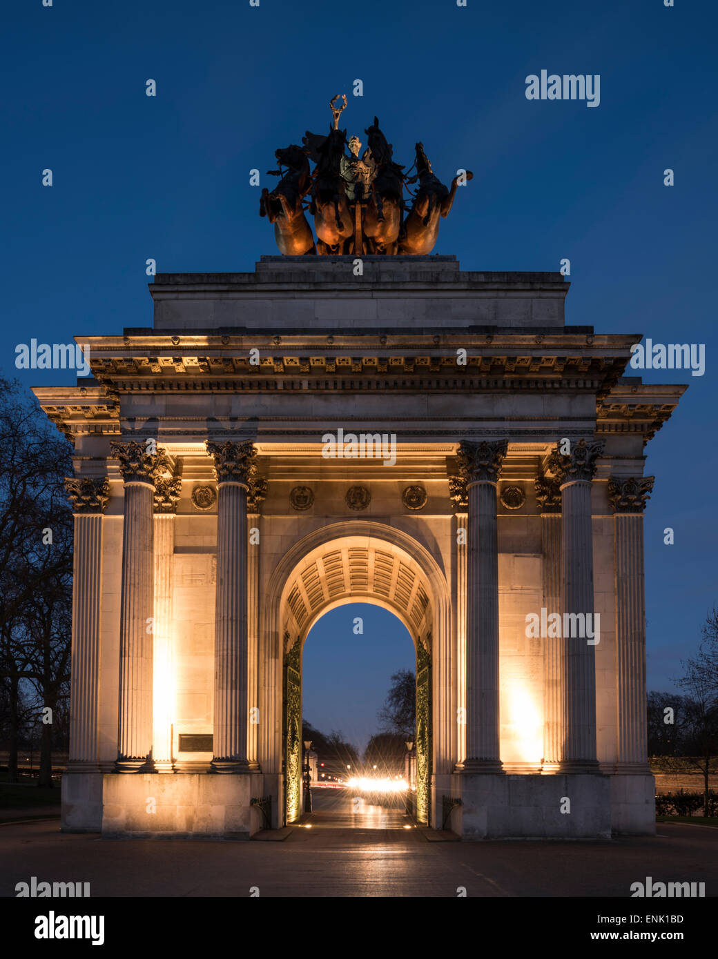 Exterior of Wellington Arch at night, Hyde Park Corner, London, England, United Kingdom, Europe Stock Photo
