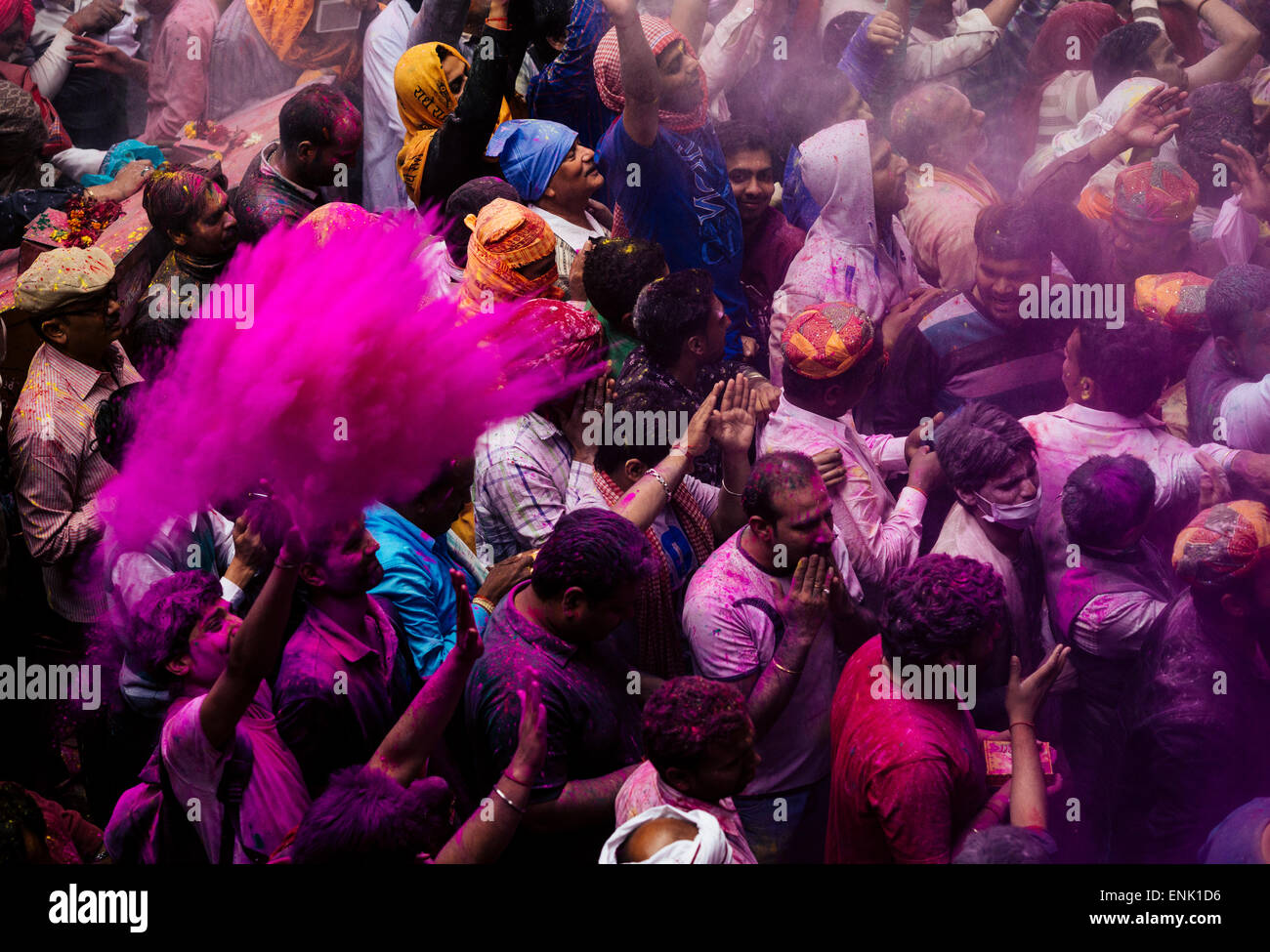 Lathmar Holi celebrations in Bankei Bihari Temple, Vrindavan, Braj, Uttar Pradesh, India, Asia Stock Photo
