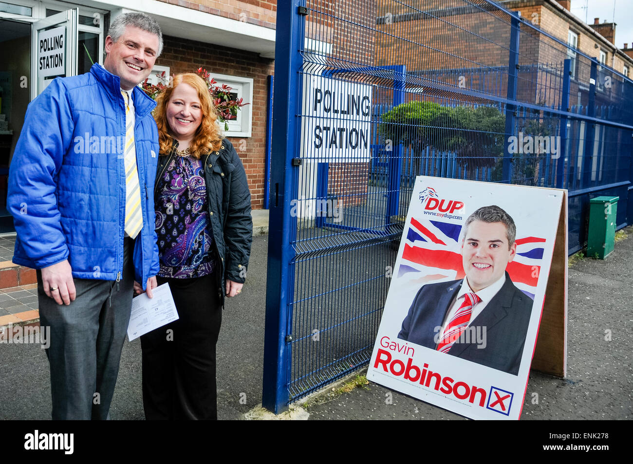 Belfast, Northern Ireland, UK. 7th May, 2015. - Naomi Long MP (Alliance) and her husband arrive to cast their votes, as the battle for the Westminster Constituency of East Belfast continues.  DUP supporters have been pulling out the stops to help Gavin Robinson reclaim the seat after Ms Long took the seat from Peter Robinson in a shock result. Credit:  Stephen Barnes/Alamy Live News Stock Photo