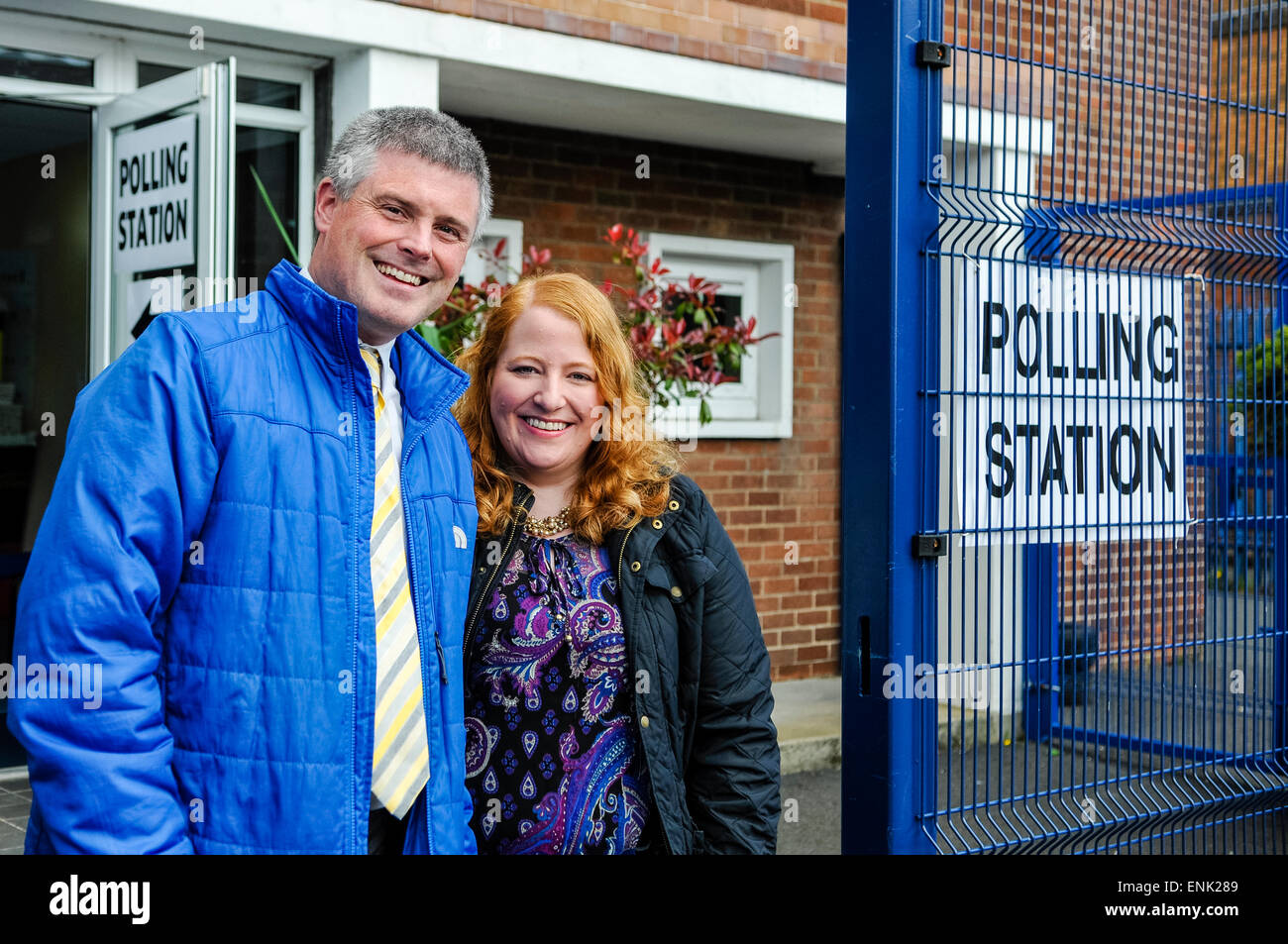 Belfast, Northern Ireland, UK. 7th May, 2015. - Naomi Long MP (Alliance) and her husband Michael arrive to cast their votes, as the battle for the Westminster Constituency of East Belfast continues.  DUP supporters have been pulling out the stops to reclaim the seat after Ms Long took the seat from Peter Robinson in a shock result. Credit:  Stephen Barnes/Alamy Live News Stock Photo