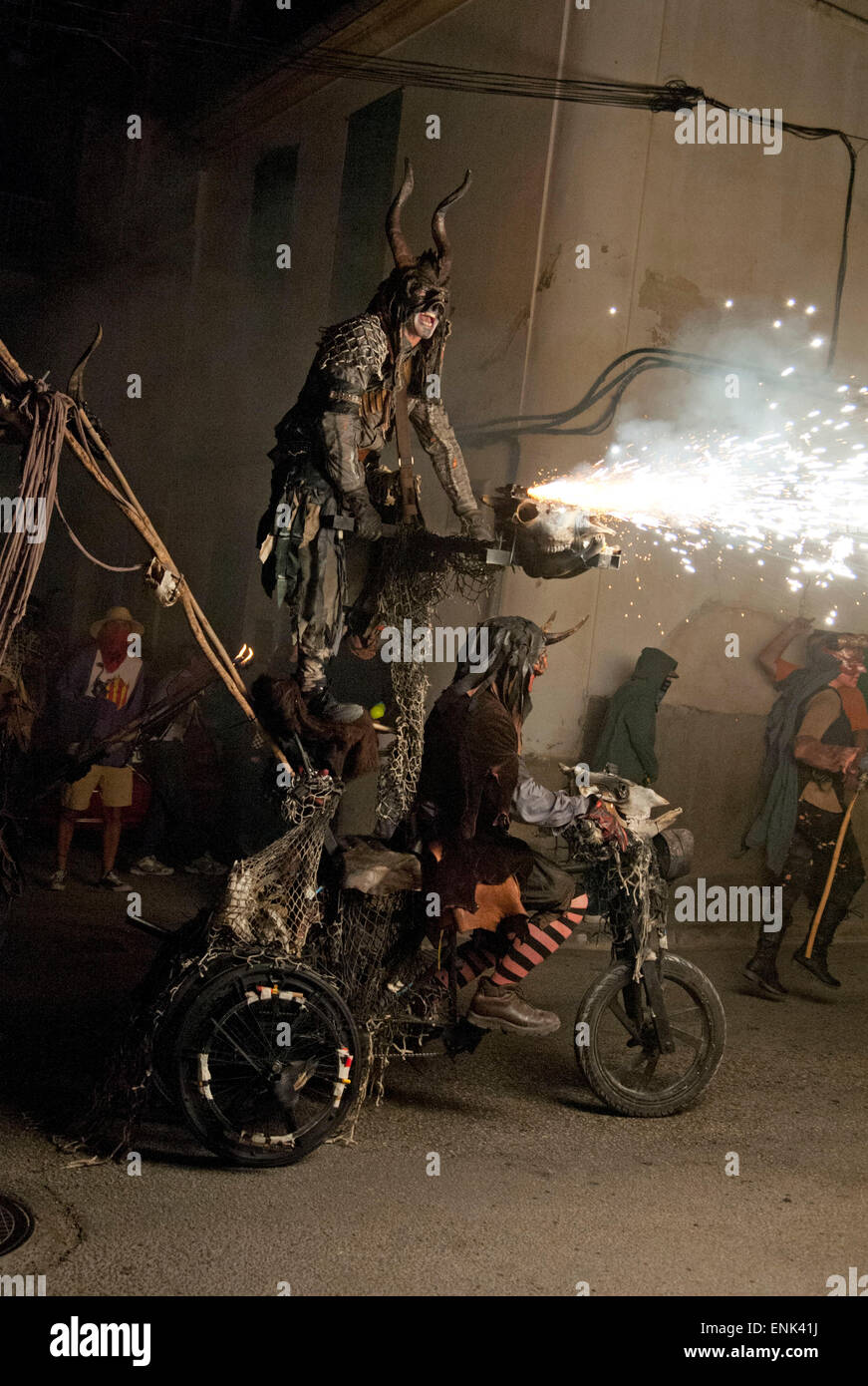 Spain, Mallorca, Felanix, Correfoc through the village. A traditional custom during the fiesta. Stock Photo