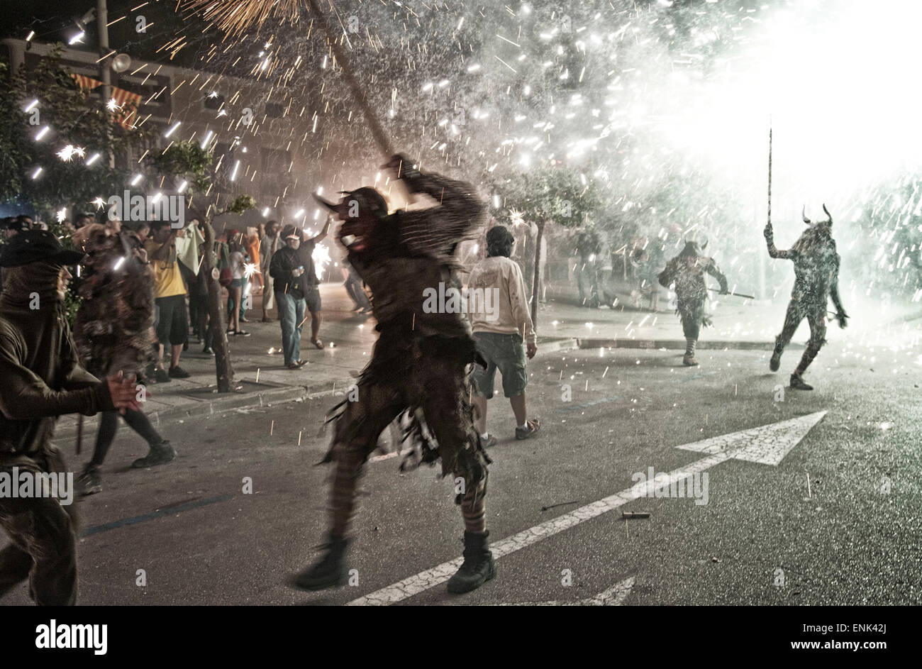 Spain, Mallorca, Felanix, Correfoc through the village. A traditional custom during the fiesta. Stock Photo