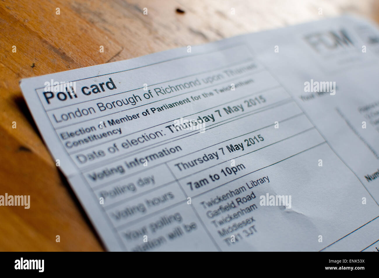 Richmond, London, UK. 07th May, 2015. Poll card for General Election 7th May 2015. London Borough of Richmond. Polling station Twickenham Library Middlesex. Credit:  Tricia de Courcy Ling/Alamy Live News Stock Photo