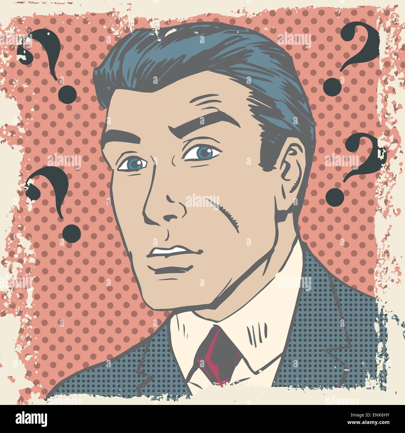Confused man emotion misunderstanding the questions pop art comics retro style Halftone