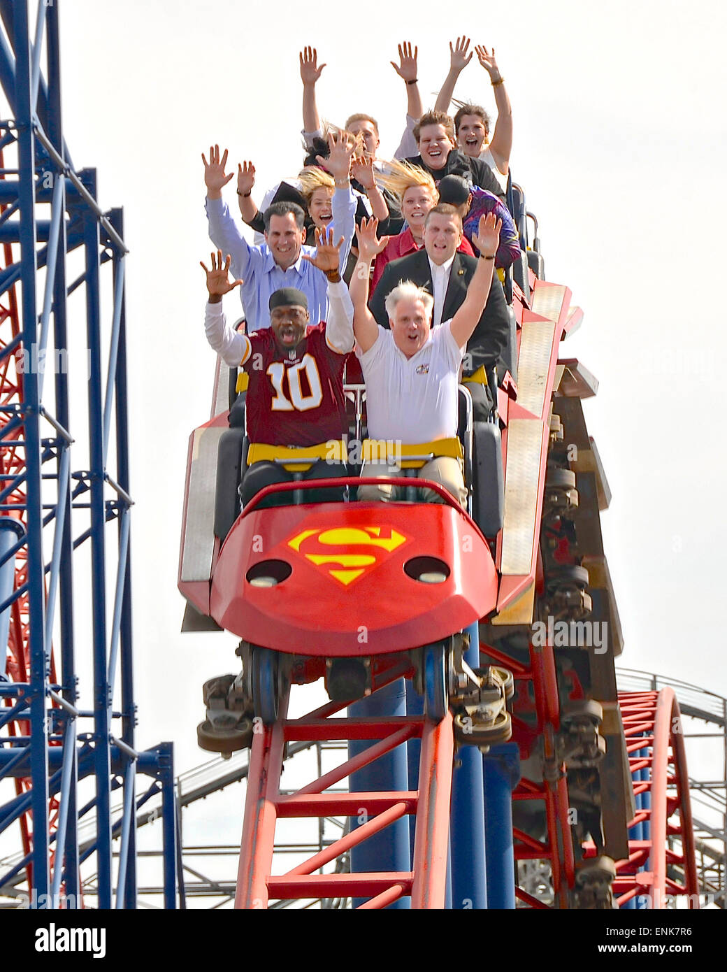 Governor of Maryland Larry Hogan sits with Redskins quarterback Robert Griffin as they ride the Superman roller coaster at Six Flags amusement park April 2, 2015 in Upper Marlboro, Maryland. Stock Photo